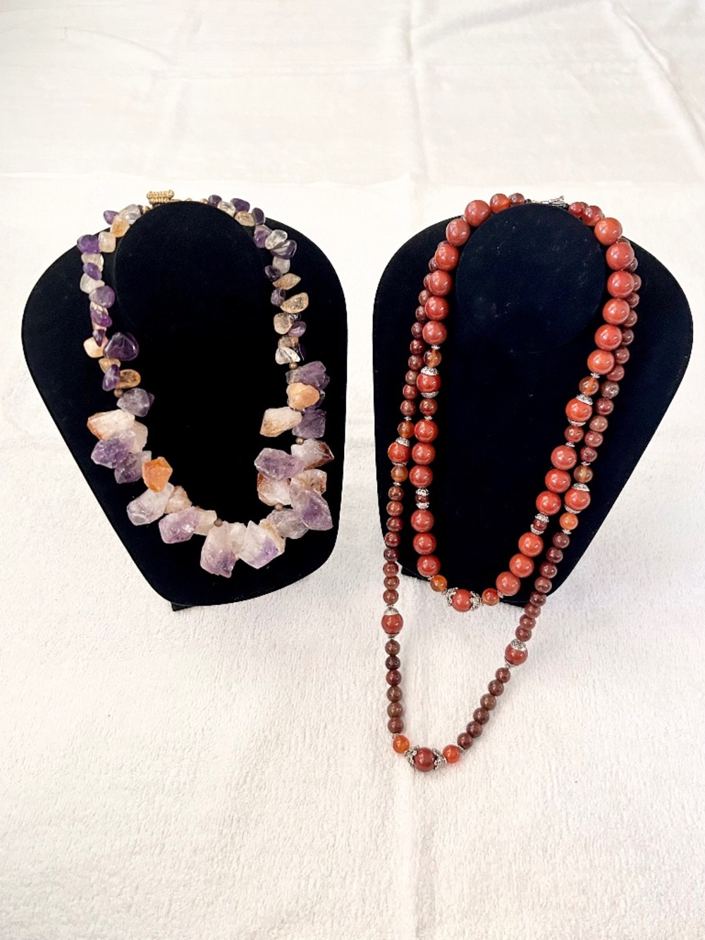 Lot of 2 Necklaces large chunky stone agate lavender amber long multi strand